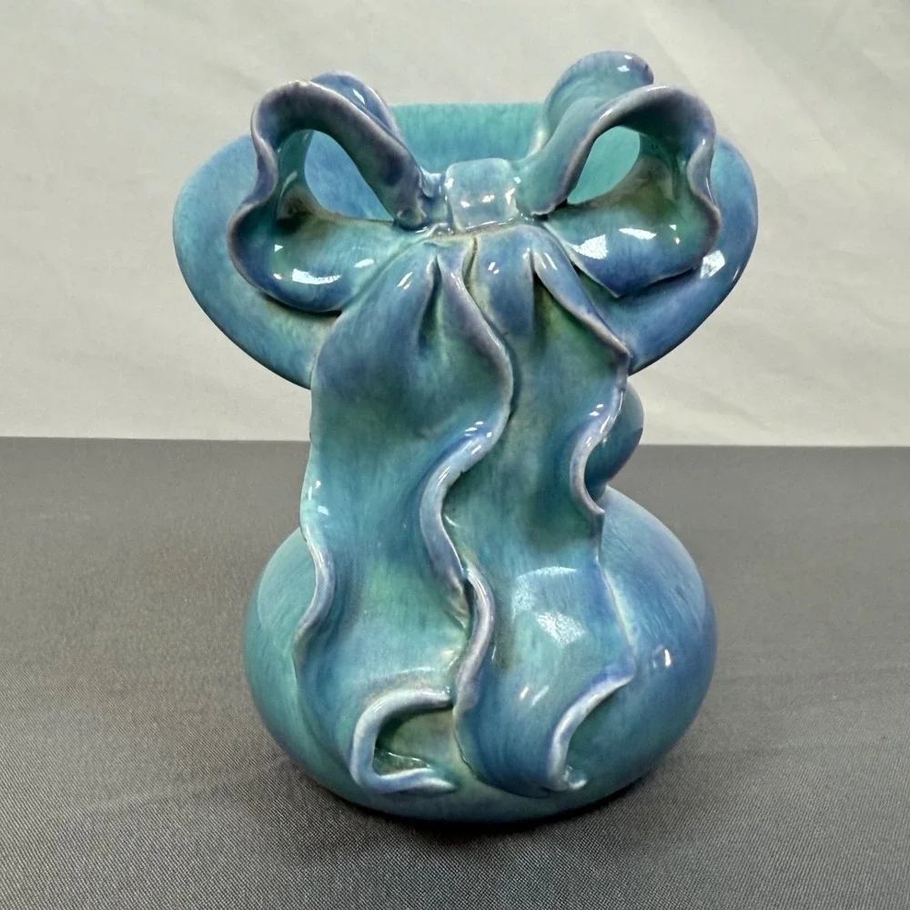 Turquoise Blue Ceramic Bow Vase‎ Vintage Studio Pottery Unique Accent Decor